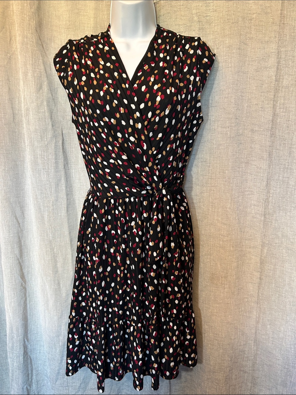 Women's Black Multi-Dot Faux Wrap Midi Dress with Red, Tan & White Accents